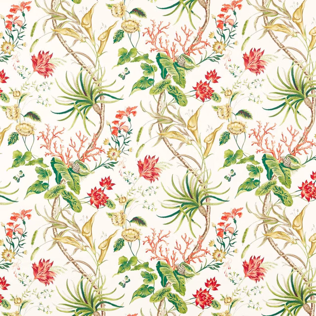 Ivory tropical botanical fabric with green leaves, coral flowers and red blooms