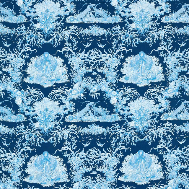 Navy outdoor fabric with pale aqua coral-style motifs and large repeat