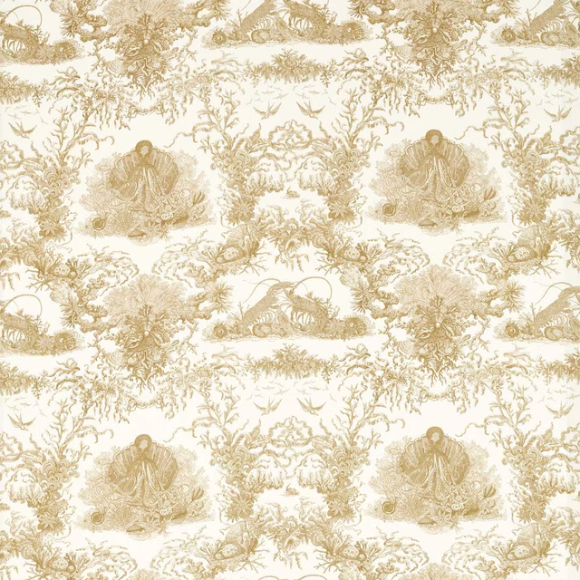 Sand and gold shell-and-coral print on an ivory fabric swatch