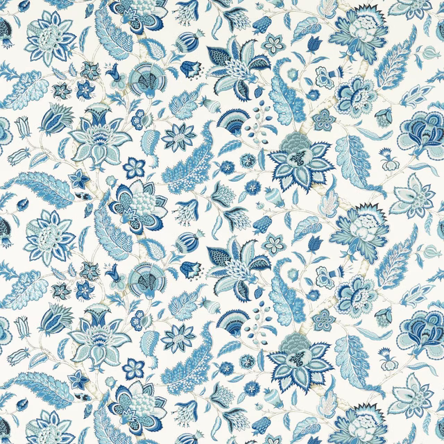 Blue floral and leaf print on a pale cream ground, with indigo outlines