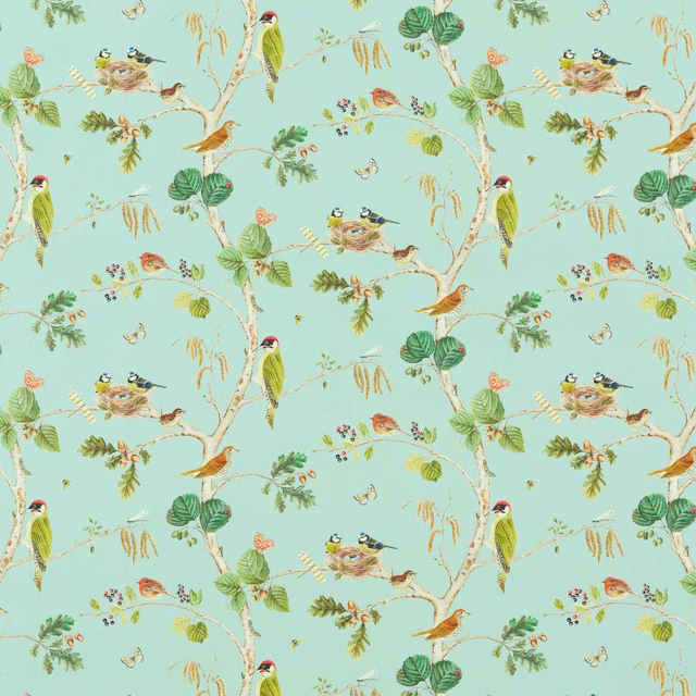 Aqua blue printed fabric with birds, branches and leafy woodland motifs