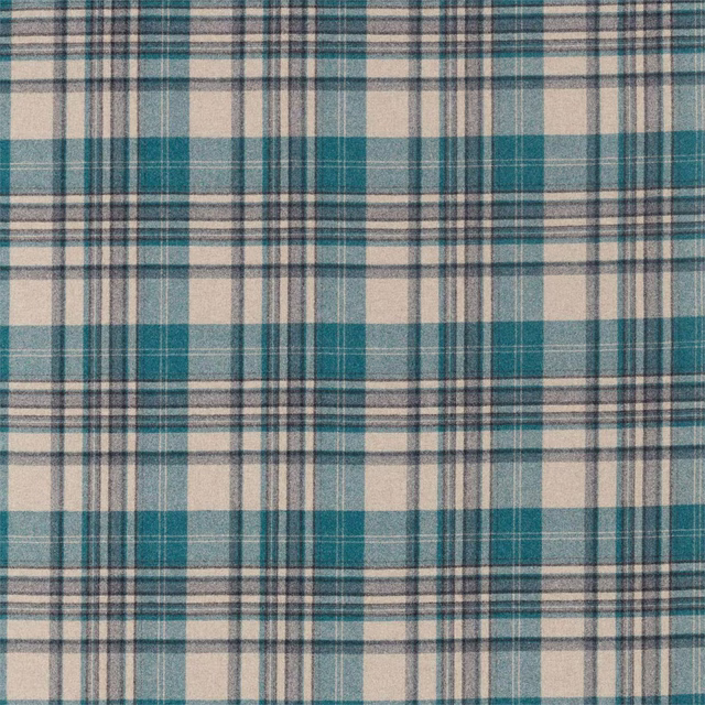 Teal, stone and charcoal checked wool fabric with a brushed texture
