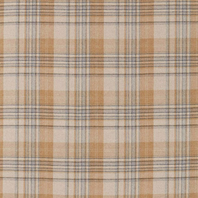 Honey and grey plaid woven fabric with soft beige ground and brushed texture