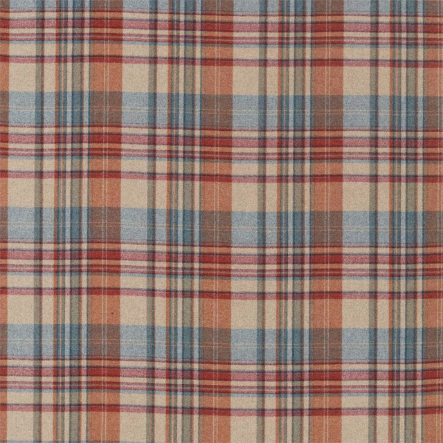 Brushed wool plaid swatch in russet, amber, cream and muted blue checks