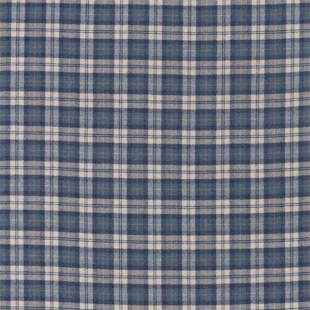 Blue and stone woven check fabric with a soft woolly texture