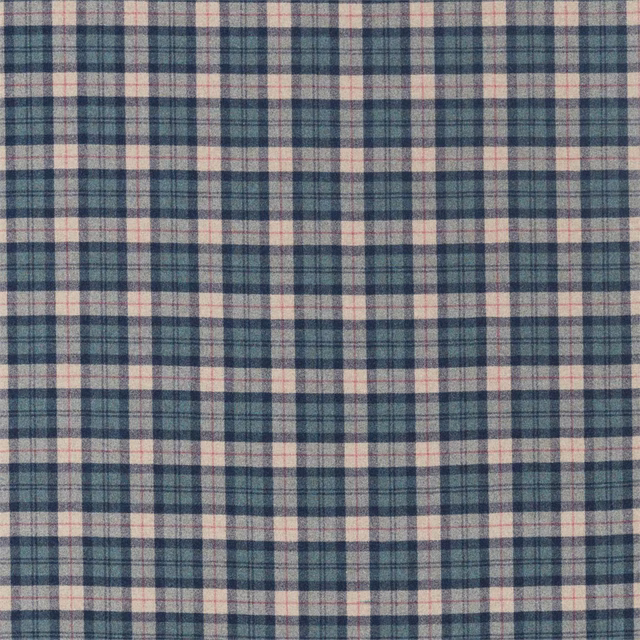 Muted teal and cream wool check fabric with a compact woven texture