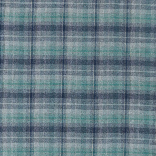 Blue-grey and teal wool check fabric with a softly mottled woven texture