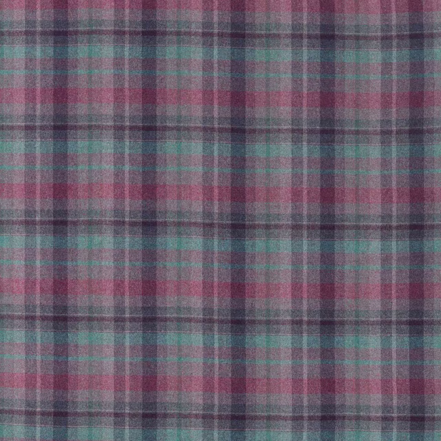 Wool check fabric in fig, teal and grey with a soft heathered weave
