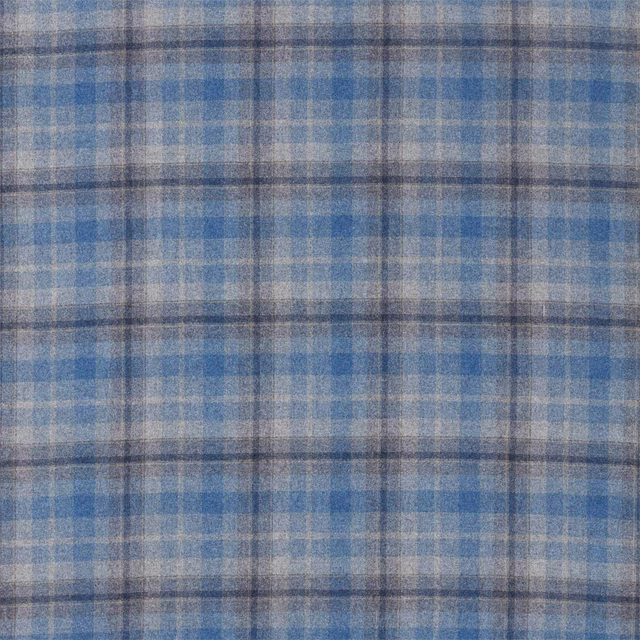 Blue and grey wool check fabric swatch with a softly brushed texture