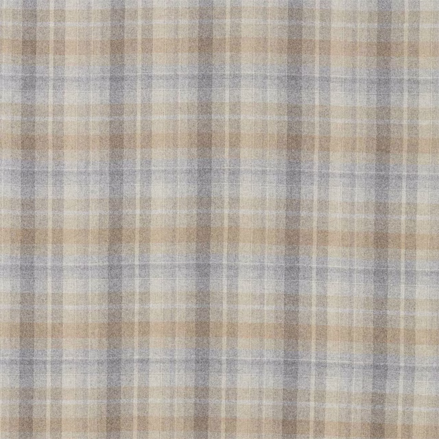 Soft silver-grey checked wool fabric with pale oatmeal bands and a fine woven texture