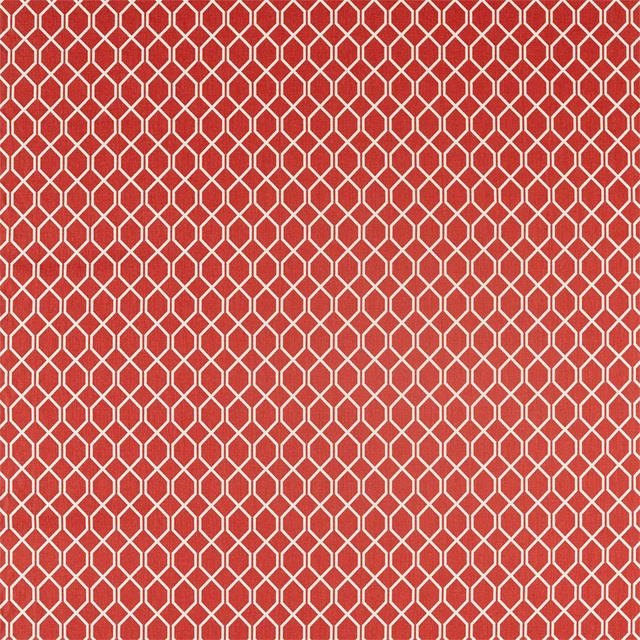Close-up of red geometric trellis woven fabric with pale outline