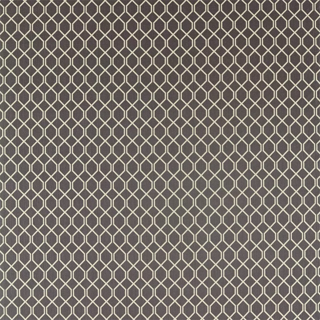 Close-up of cool grey trellis fabric with a small cream geometric lattice