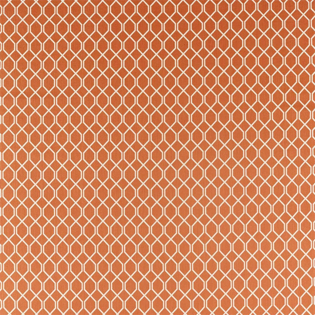 Orange geometric trellis fabric with pale outlined diamond lattice