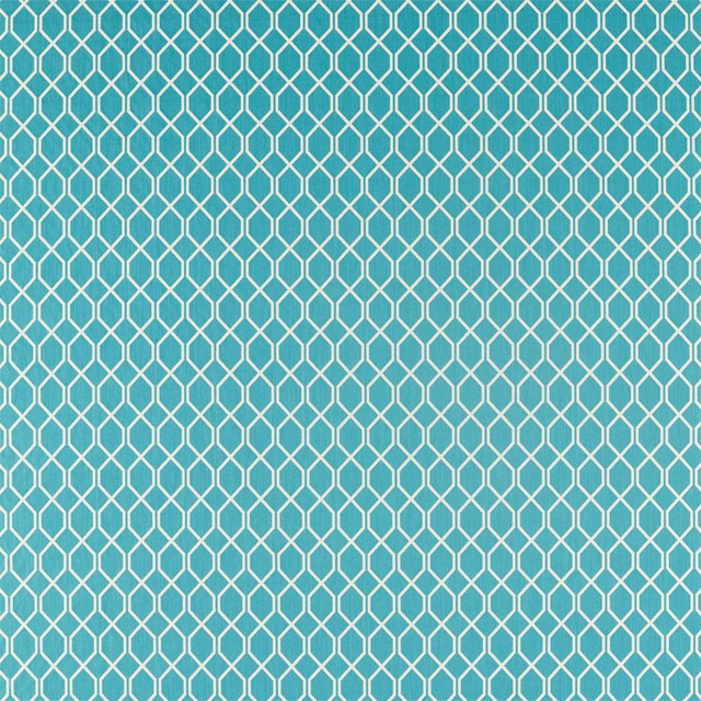 Turquoise teal geometric trellis fabric with pale ivory lattice pattern