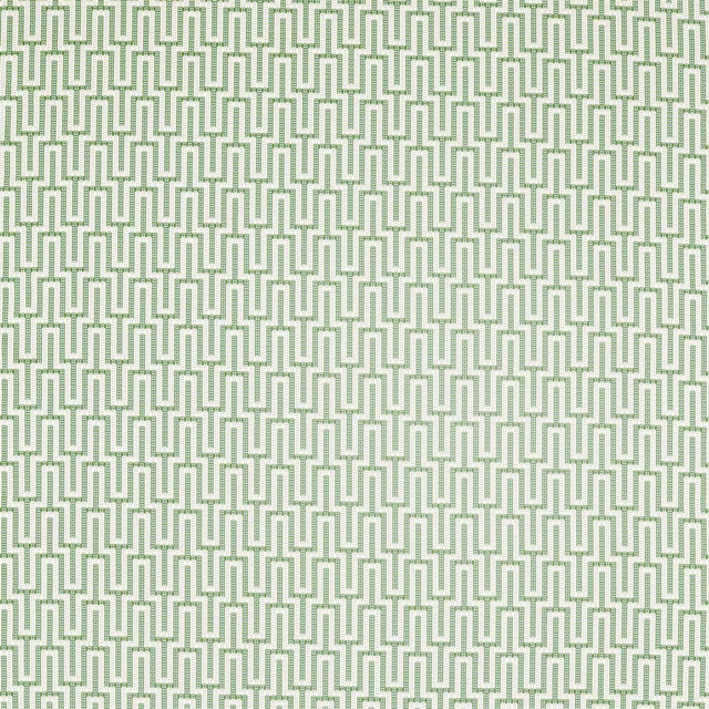 Soft botanical green geometric woven fabric on a pale ground, small repeating pattern