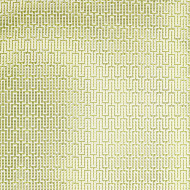Lime green geometric weave on a pale ground, shown in a small repeat