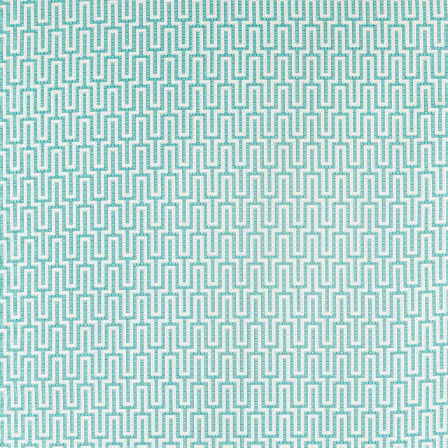 Aqua teal geometric palm pattern woven on a pale ground, shown as a fabric swatch.