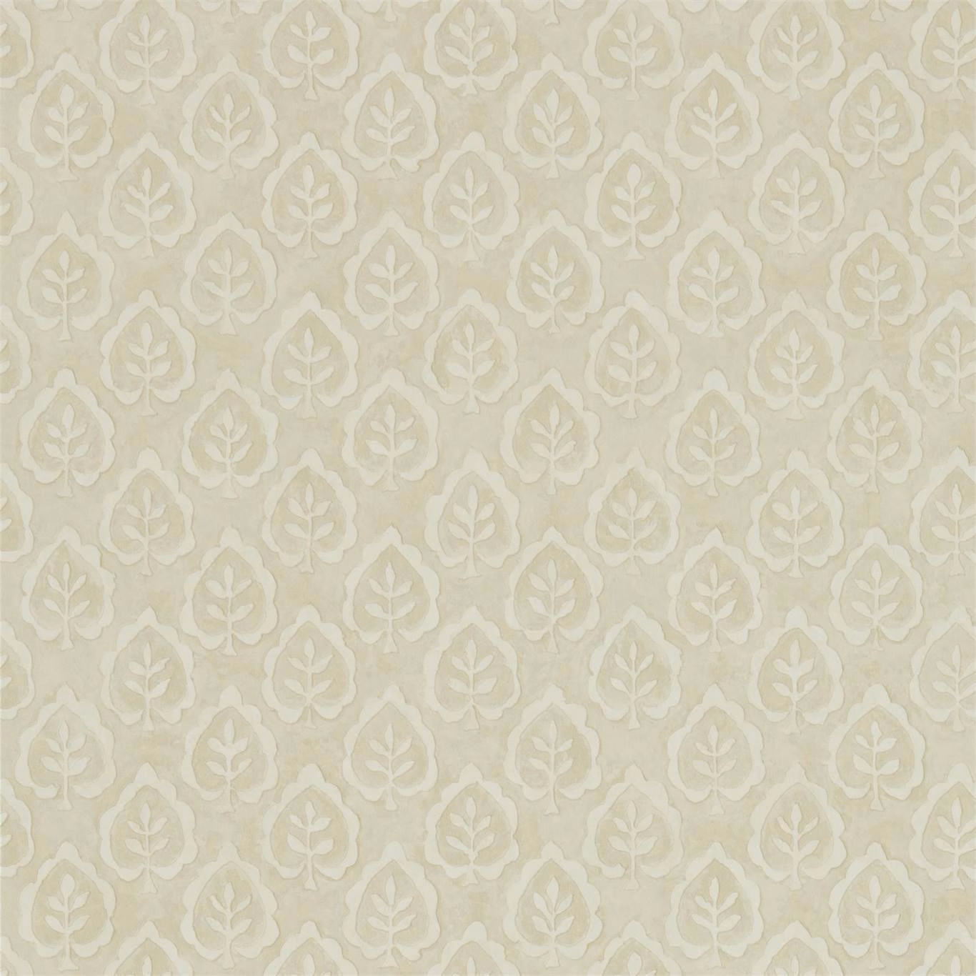 Pale cream wallpaper with small ivory and beige botanical leaf motifs in a repeating pattern