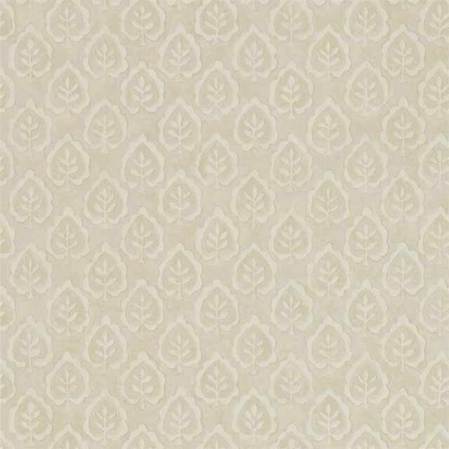 Pale cream wallpaper with small ivory and beige botanical leaf motifs in a repeating pattern