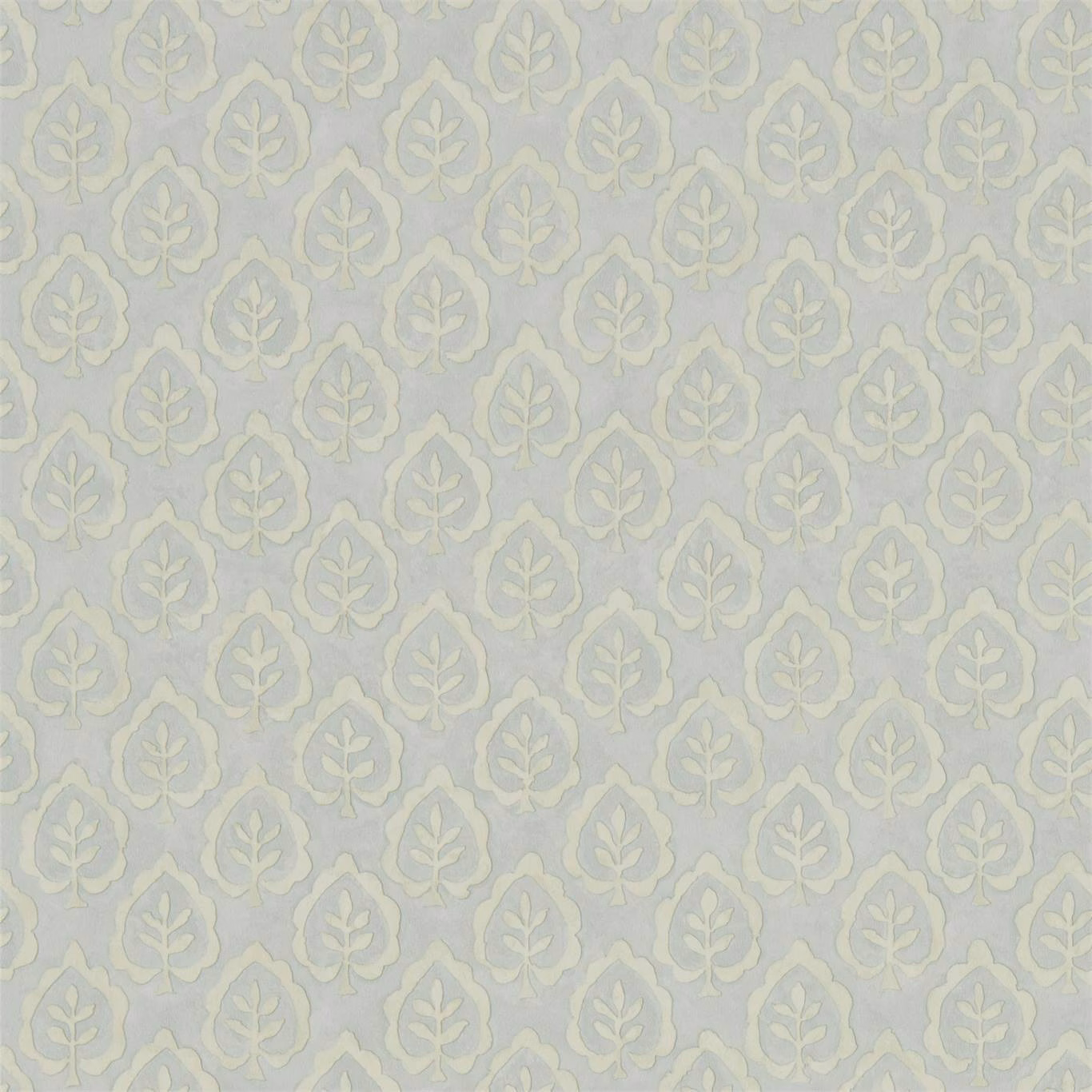 Pale blue-grey wallpaper with repeating sage leaf medallions and chalky ivory details