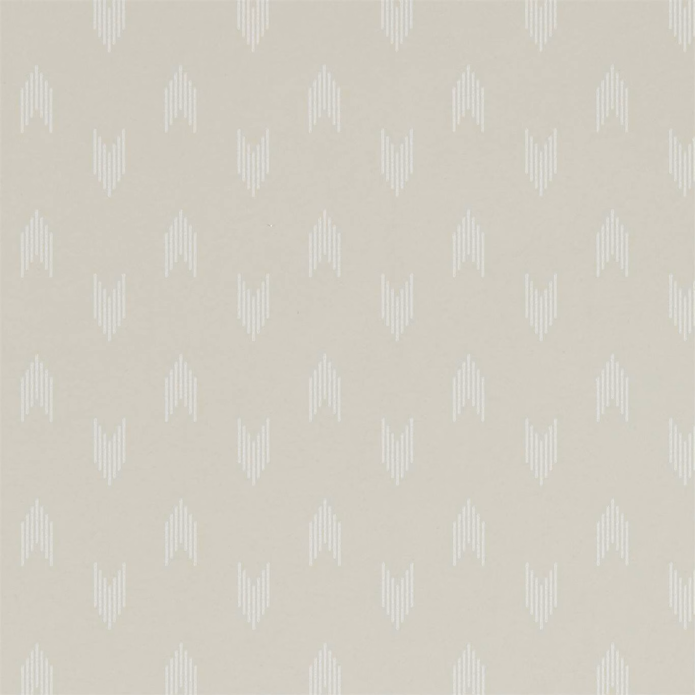 Pale greige wallpaper with staggered white tapered geometric motifs