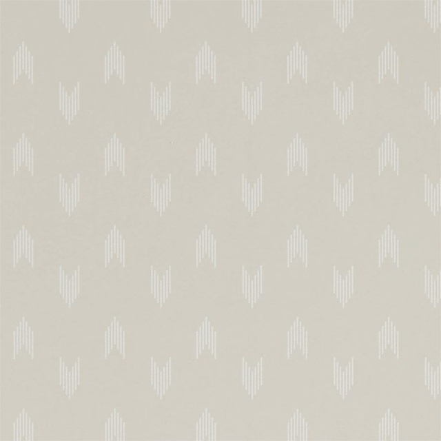 Pale greige wallpaper with staggered white tapered geometric motifs