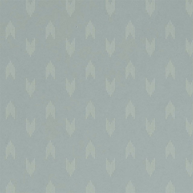 Pale blue-grey wallpaper with repeated ivory vertical fan motifs