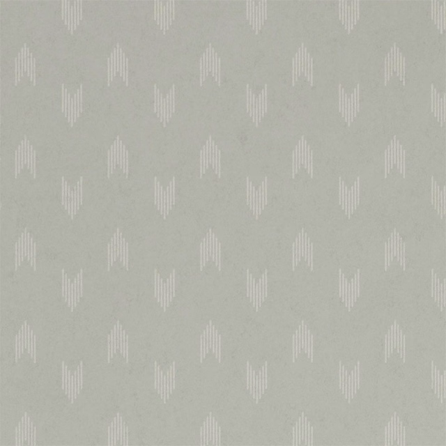 Pale sage-grey wallpaper showing small ivory pinstriped leaf motifs in rows