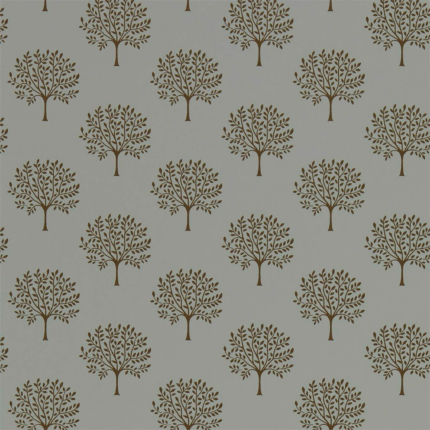 Muted grey-green wallpaper with repeating copper-brown leafy tree motifs