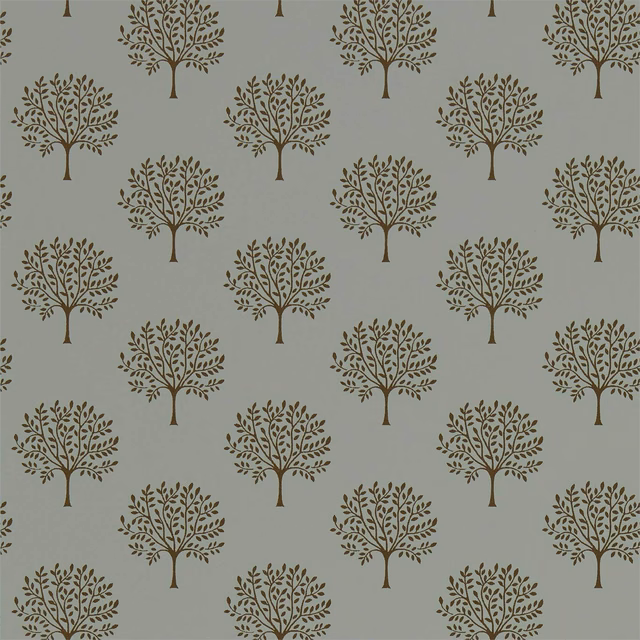 Muted grey-green wallpaper with repeating copper-brown leafy tree motifs