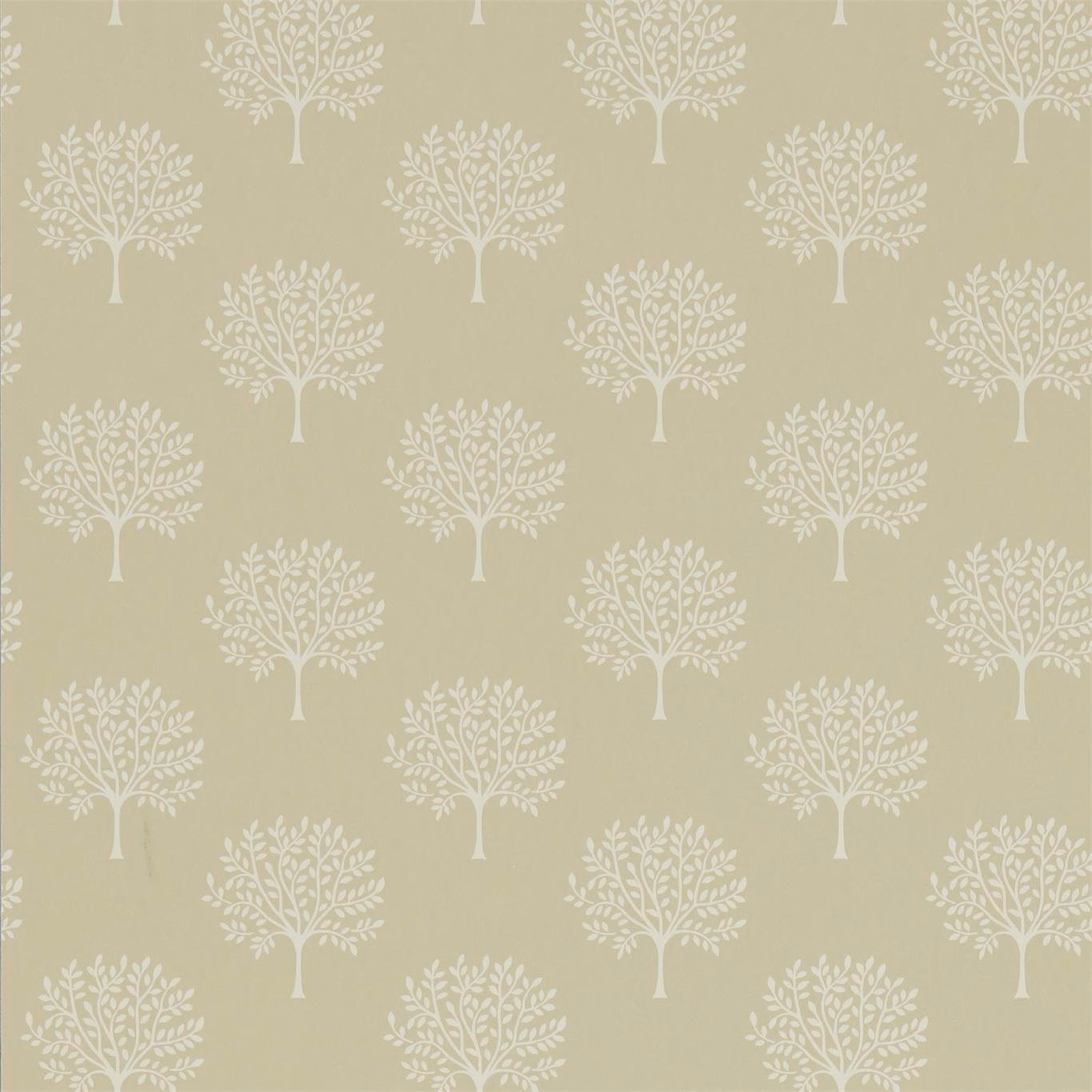 Muted khaki-sage wallpaper with repeated ivory branching trees in a matte finish