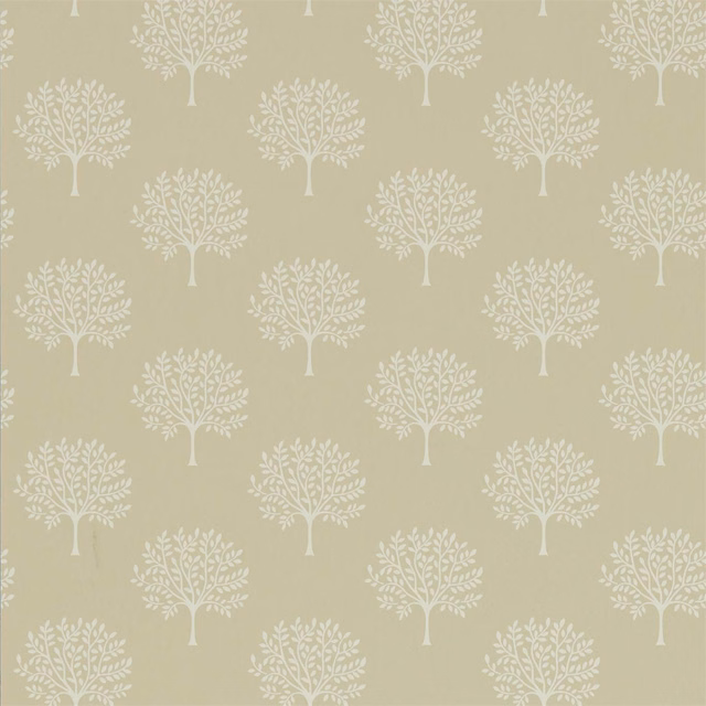 Muted khaki-sage wallpaper with repeated ivory branching trees in a matte finish