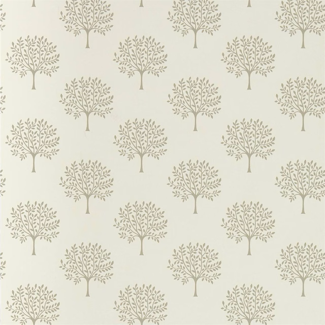 Pale cream wallpaper with repeated muted taupe branching tree motifs