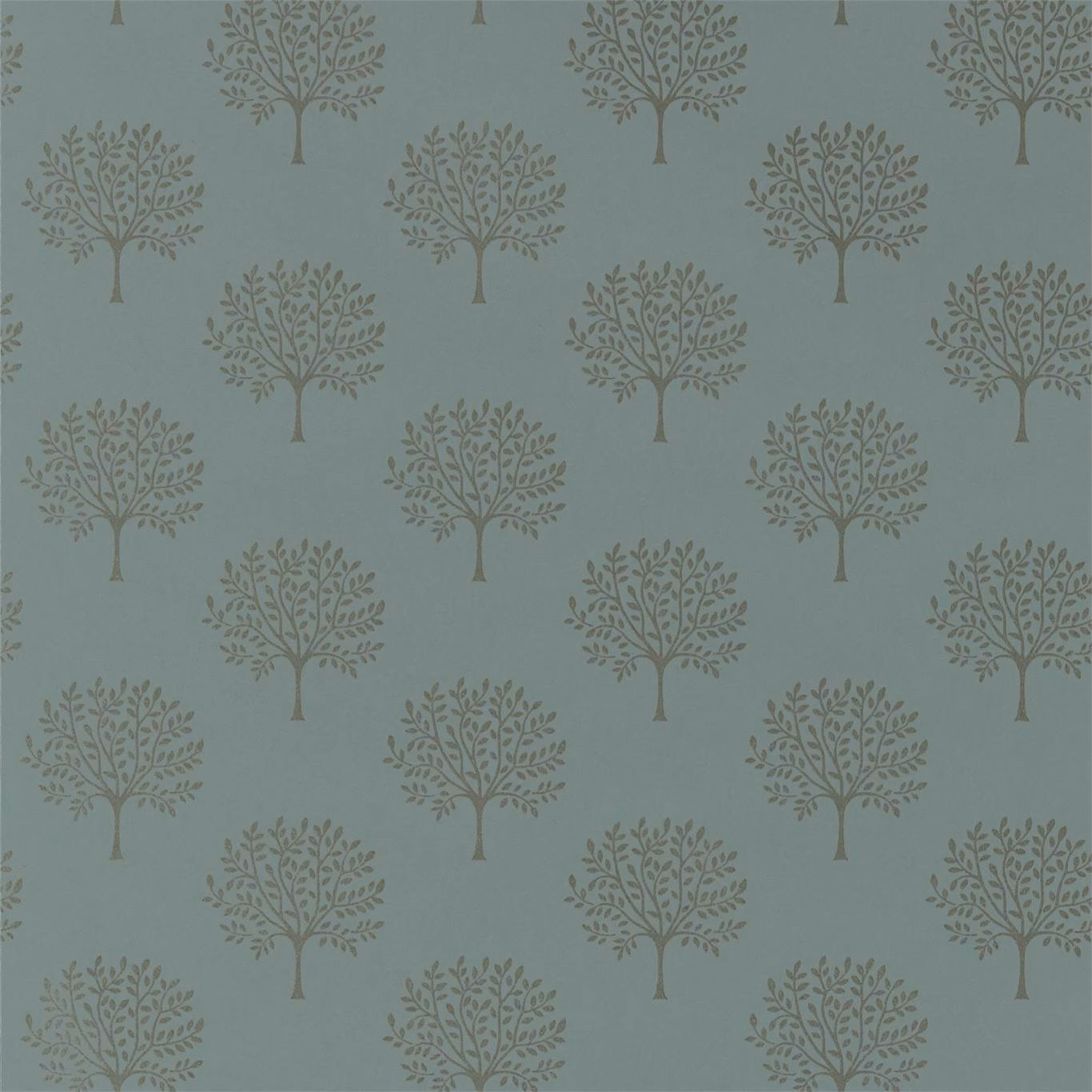 Muted blue-grey wallpaper with repeating taupe trees and fine leafy branches