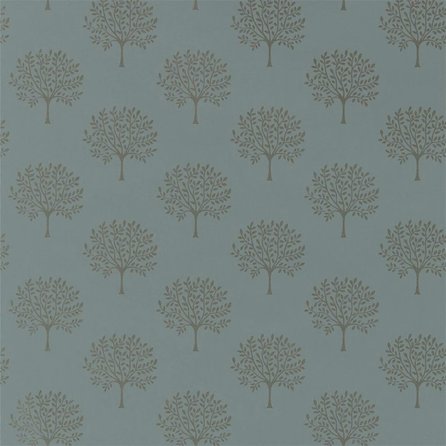 Muted blue-grey wallpaper with repeating taupe trees and fine leafy branches