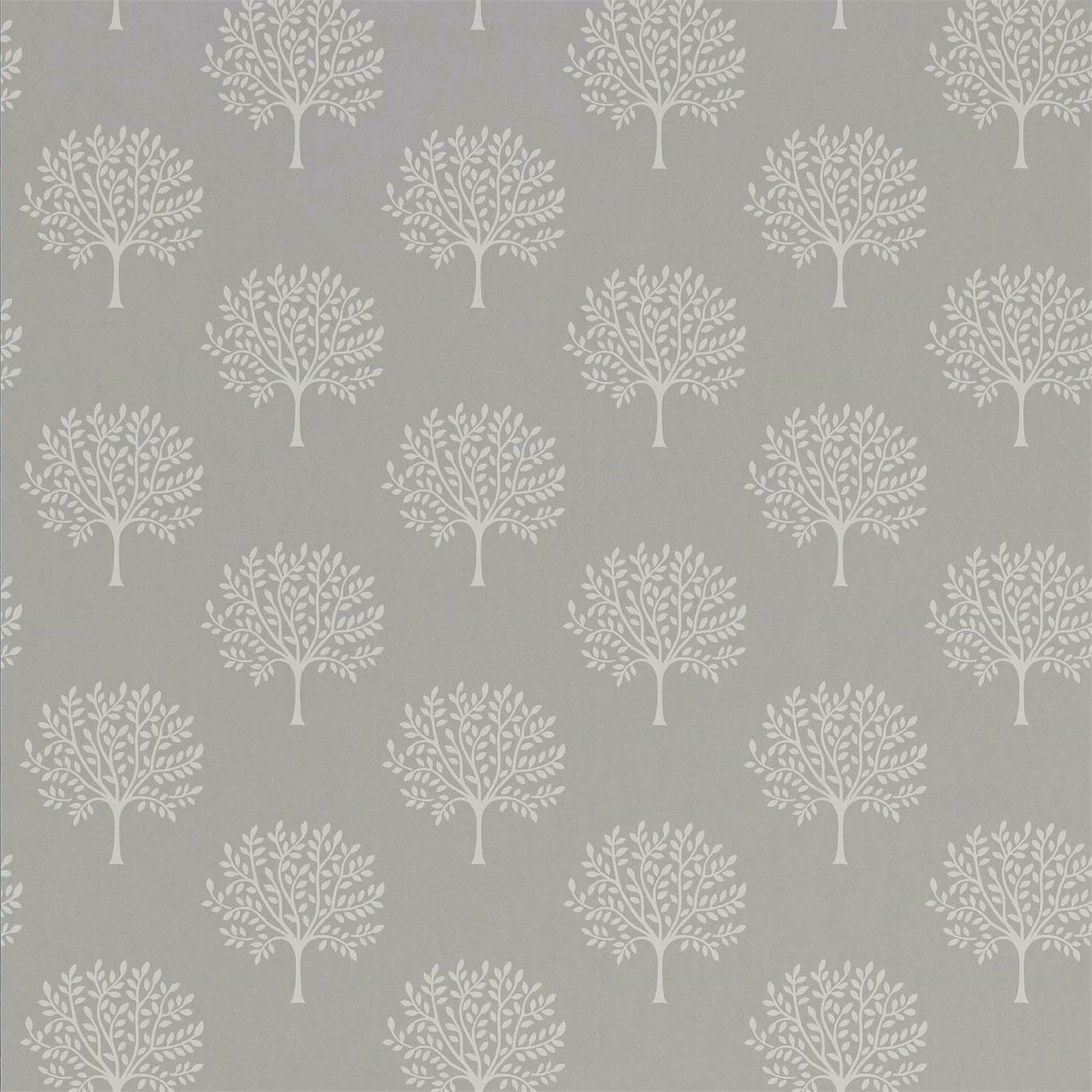 Cool grey wallpaper with repeating ivory tree silhouettes and a softly mottled ground