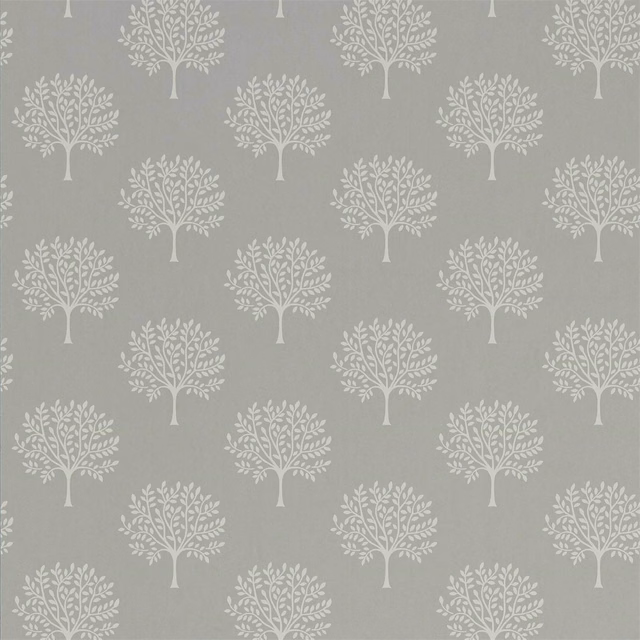 Cool grey wallpaper with repeating ivory tree silhouettes and a softly mottled ground