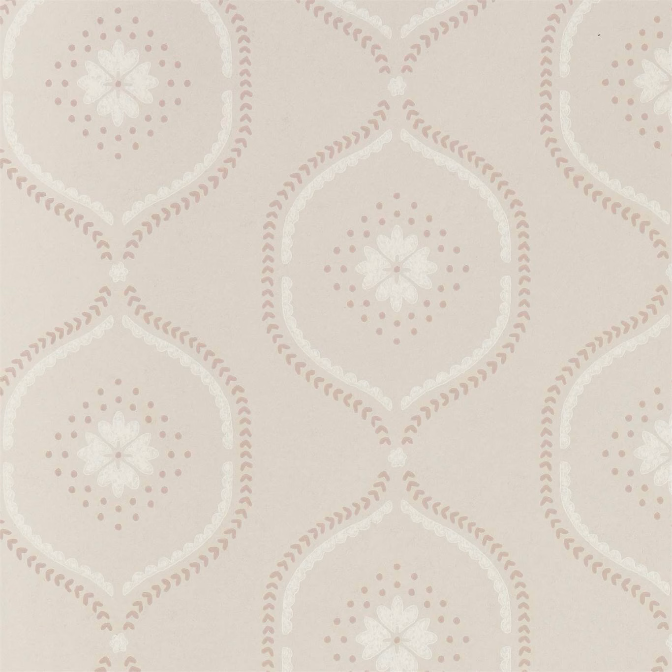 Powder pink and ivory teardrop medallions with dotted floral centres on a pale stone ground