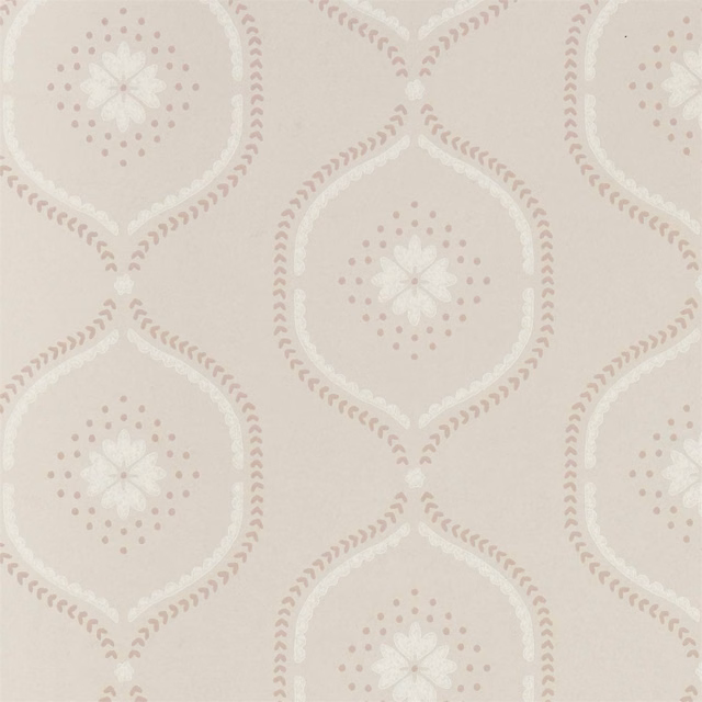 Powder pink and ivory teardrop medallions with dotted floral centres on a pale stone ground