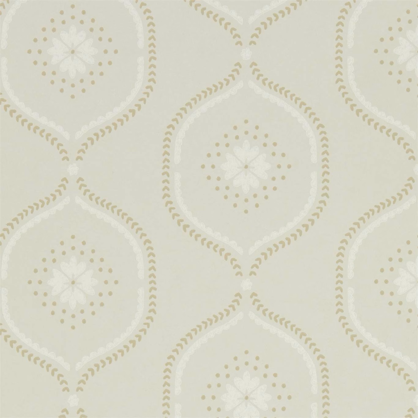 Pale putty taupe wallpaper with white floral medallions and dotted tan borders