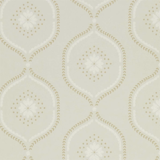Pale putty taupe wallpaper with white floral medallions and dotted tan borders