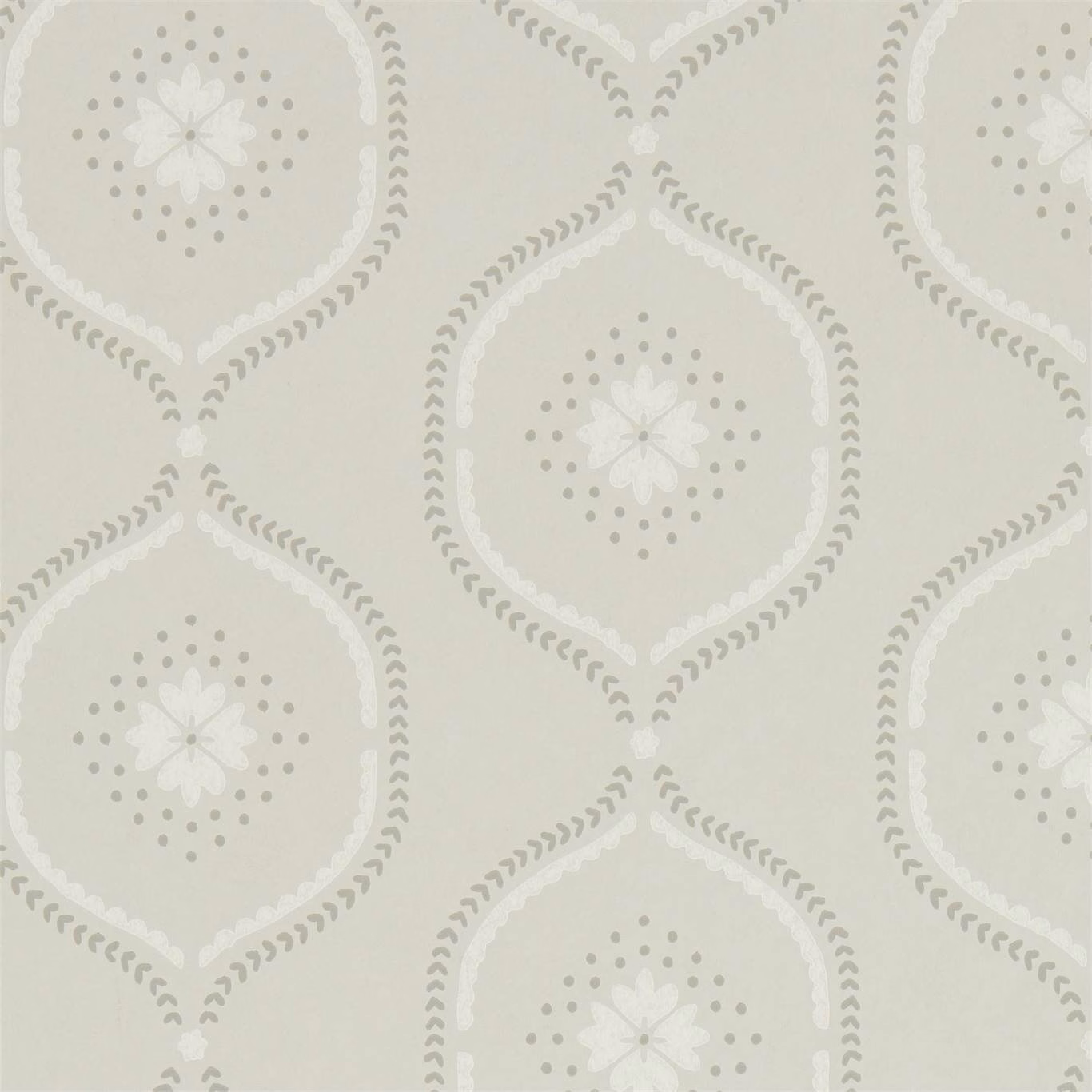Pale silver-grey wallpaper with white flowers, dotted medallions and scalloped borders