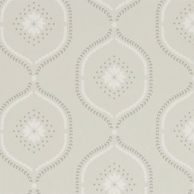 Pale silver-grey wallpaper with white flowers, dotted medallions and scalloped borders