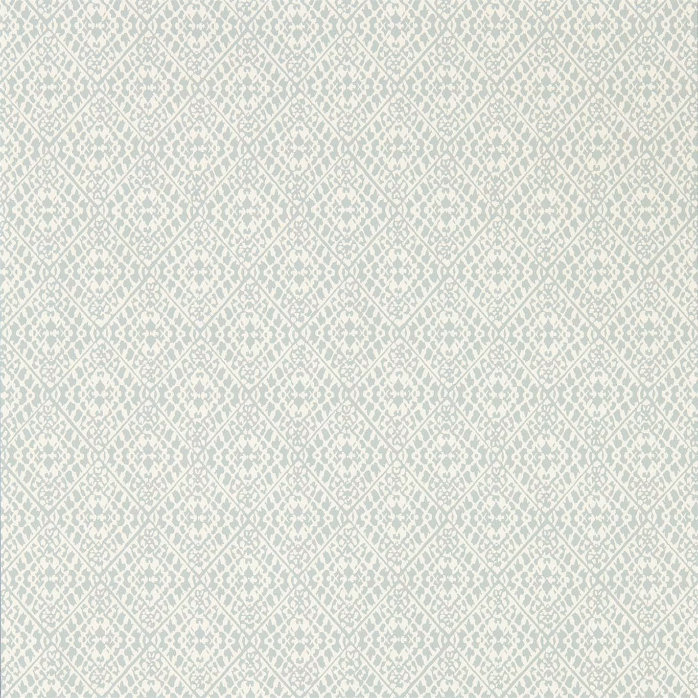 Pale blue-grey wallpaper with cream diamond trellis and tiny floral motifs