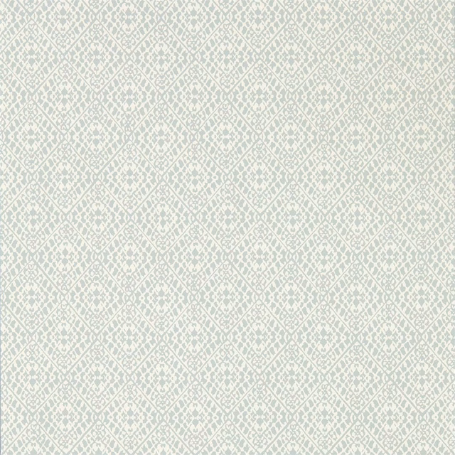 Pale blue-grey wallpaper with cream diamond trellis and tiny floral motifs