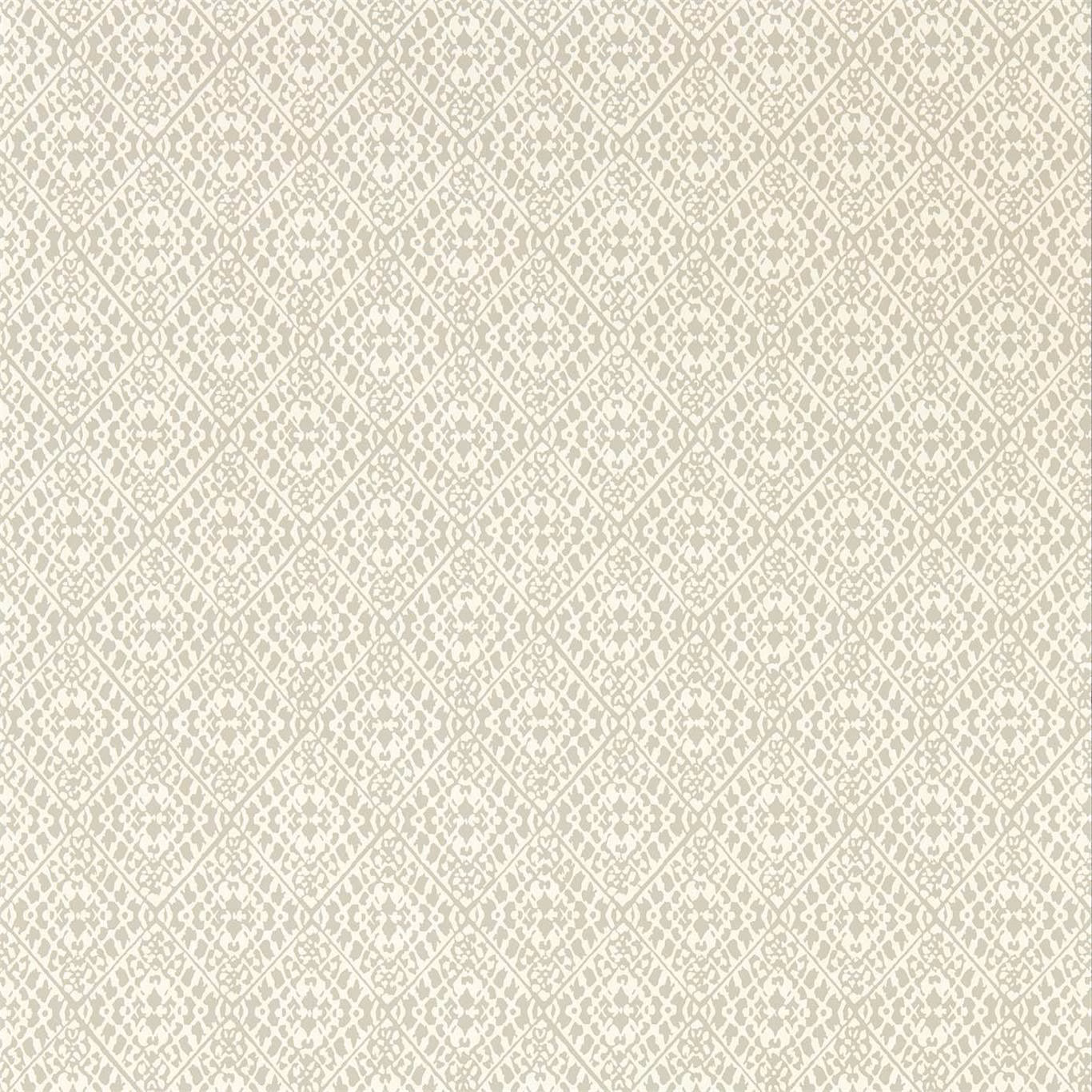 Pale dove-grey wallpaper with an off-white diamond trellis and fine distressed detail