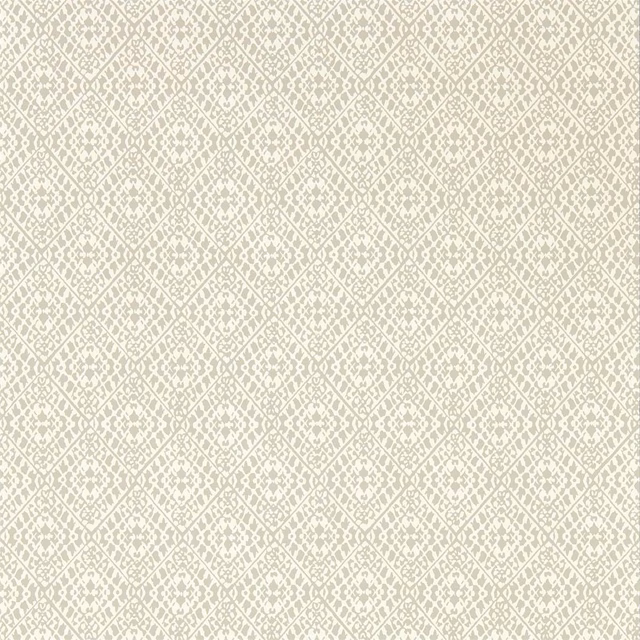 Pale dove-grey wallpaper with an off-white diamond trellis and fine distressed detail