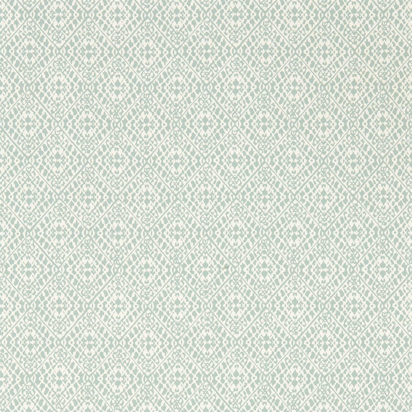 Pale sage-green wallpaper with cream trellis diamonds and distressed floral motifs