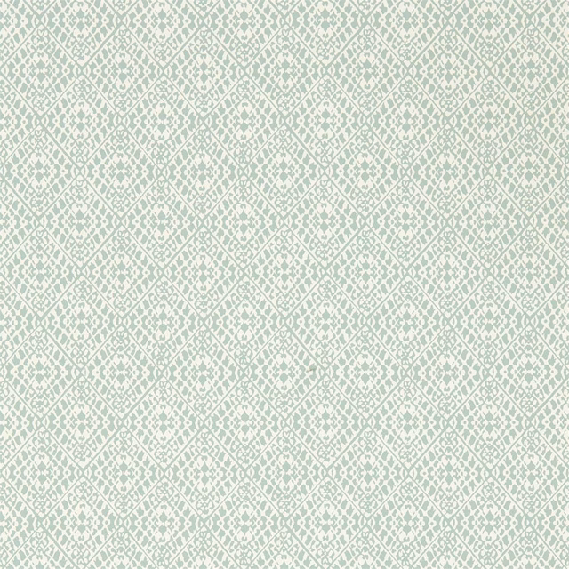 Pale sage-green wallpaper with cream trellis diamonds and distressed floral motifs