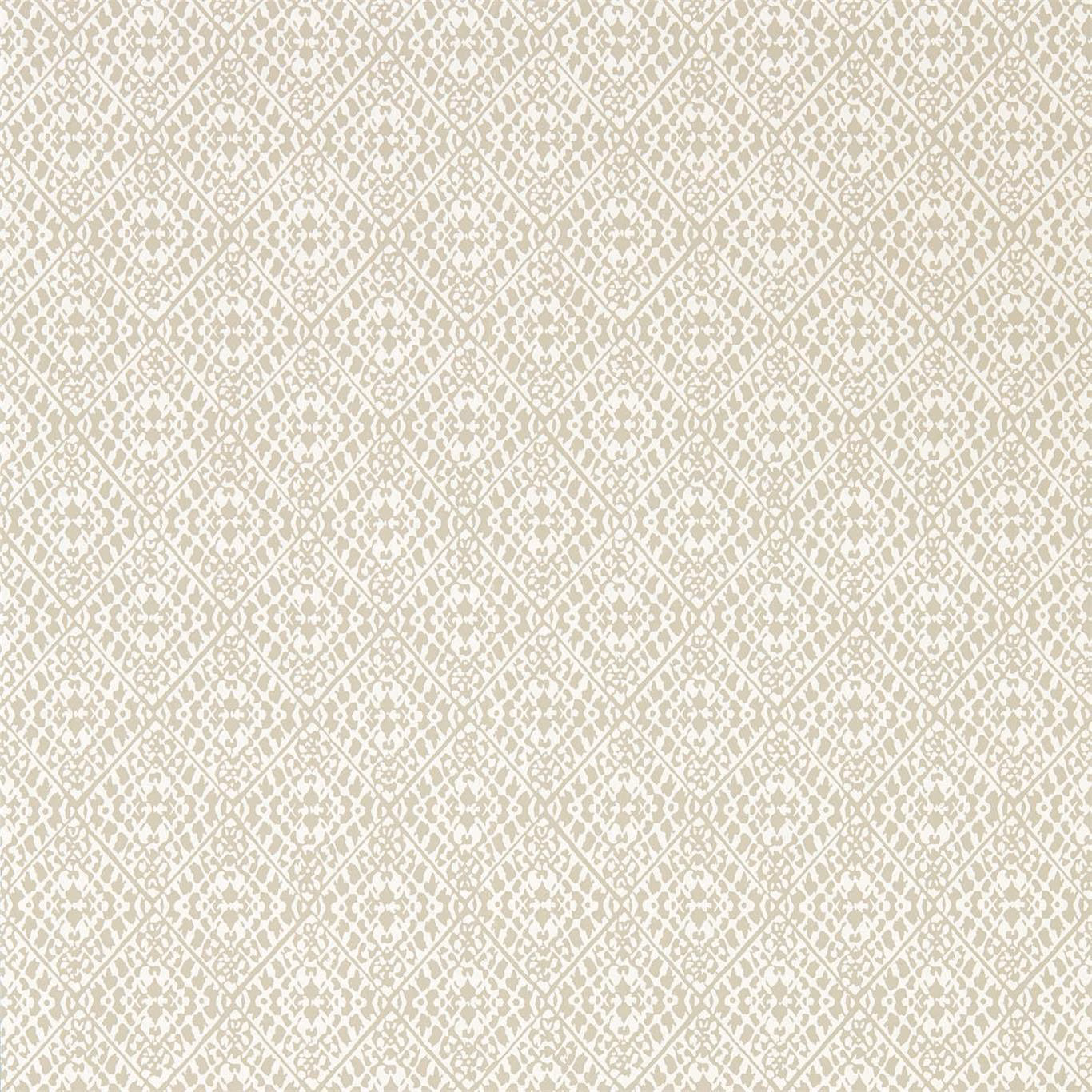 Pale ivory wallpaper with fine warm-greige diamond trellis and softly mottled texture